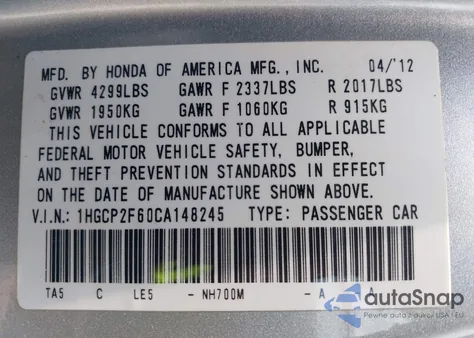 2012 Honda Accord 2.4 Se from USA, damaged, VIN 1HGCP2F60CA148245